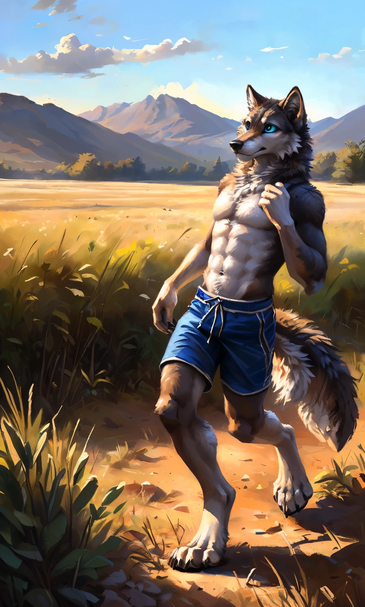 ((Solo)), male people, anthro wolf, (Multi-colored fur, White-brown:1.3，White tail pointed), (Height 2.1m,Tail length 1.2m), ((Wolf face, Big eyes, White eyelids, Blue pupil, Slim:1.2) (Tough, Calm expression:1.2)), Abs, Slim, pinging)), (Correct ), (Work shorts:1.1), The upper body  , (detailed outfits),A long big tail，Feet，(Realistic fur, Detailed fur texture, labeled:1.3)), (Natural lighting), Photorealistic, Hyperrealistic, ultradetailed, by Kenket，Field， through，Running on