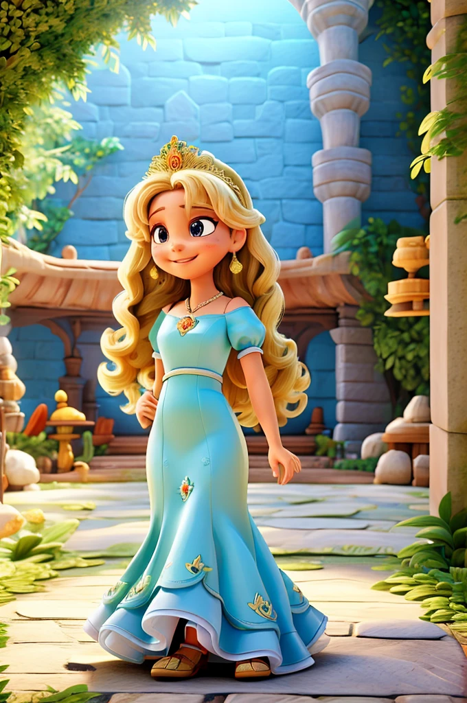 Uma linda com cabelo loiro ondulado, vestida de princesa no estilo Disney Pixar, exalando uma aura de realeza e alegria. Cerca de animais encantados na floresta iluminada de um sol alaranjado 