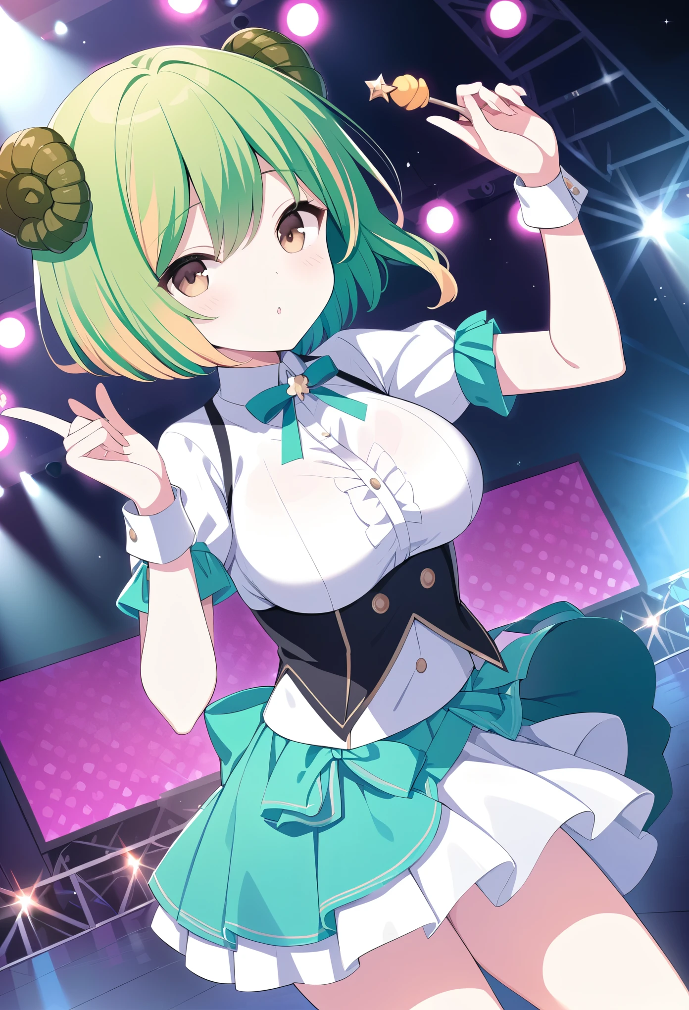 ishidaisuki, green hair, two-tone hair, blonde hair, sheep horns, hair ornament, short hair, brown eyes,,, large breasts,, Live Stage, solo