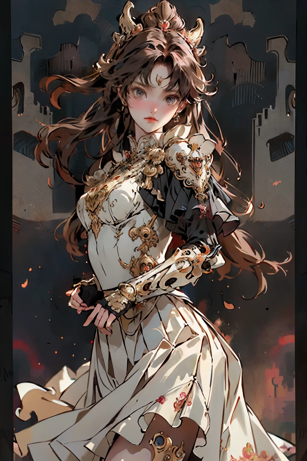 ((best quality)), ((masterpiece)), (detailed), perfect face official art, unity 8k wallpaper, ultra detailed, beautiful and aesthetic, masterpiece, best quality, (zentangle, mandala, tangle, entangle), (fractal art:1.3) , 1girl, extremely detailed, dynamic angle, cowboyshot, the most beautiful form of chaos, elegant, a brutalist designed, vivid colours, romanticism, Bloodborne inspired, occult aesthetic, occult, detailed and intricate steampunk and detailed gothic, NSFW, Very dramatic and cinematic lighting, cosmic horror, grim-dark, side-lighting, perfect face, a beaituful goddess valkyrie adorned and enshrined in armour, Bloodborne inspired valkyrie, occult aesthetic valkyrie, occult valkyrie, detailed and intricate steampunk and detailed gothic valkyrie, wielding a sword and holding a shield, NSFW, Fluttering lace flared long knee length dress with frilly petticoats, knee length dress, pleated petticoats, lolita dress, petticoats gothic lolita, side-lighting, gothic lolita aesthetic, beautiful small breasts, small breasts, full body, whole body, body, NSFW, full body, whole body, head-to-toe, Vivid colors, detailed armor, engraved metallic armor white and black with gold ascents , intricate designs on the armor, intricate armor engravings, imposing and powerful stance, fierce , flowing hair, dynamic pose, intense battle scene, fantasy setting, vibrant colors, dramatic lighting, epic atmosphere, mythical creatures in the background, magical effects surrounding the sword, attention to anatomy and facial features, iconic use of highlights and shadows, capturing emotion, masterful composition, portraying strong female characters, (1 Men 1.5),(Hairstyles: Red curls,),Beard, Roman mythology,8k wallpaper,finely quality eyes,Right eyes,correct hand, Ultra-detailed, Beautiful and aesthetically pleasing, best qualityer, (s fractal art: 1.3), Machine detailed, dynamic angle, Cowboy shot, The most beautiful forms of chaos, elegant, Fauvis tdesign, vivd colour, romanticism,