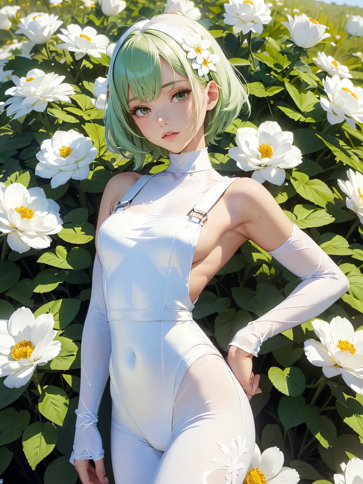 edgJumpsuit:1.5、(((Overall white clothing)))、Both arms and legs are exposed、(masterpiece:1.4), (highest quality:1.4), Very detailed, complicated, Super detailed, (Perfect Face), One operative:1.5、Sleepy face、Light green hair、White Eyes、flower field,Flowers overflowing behind