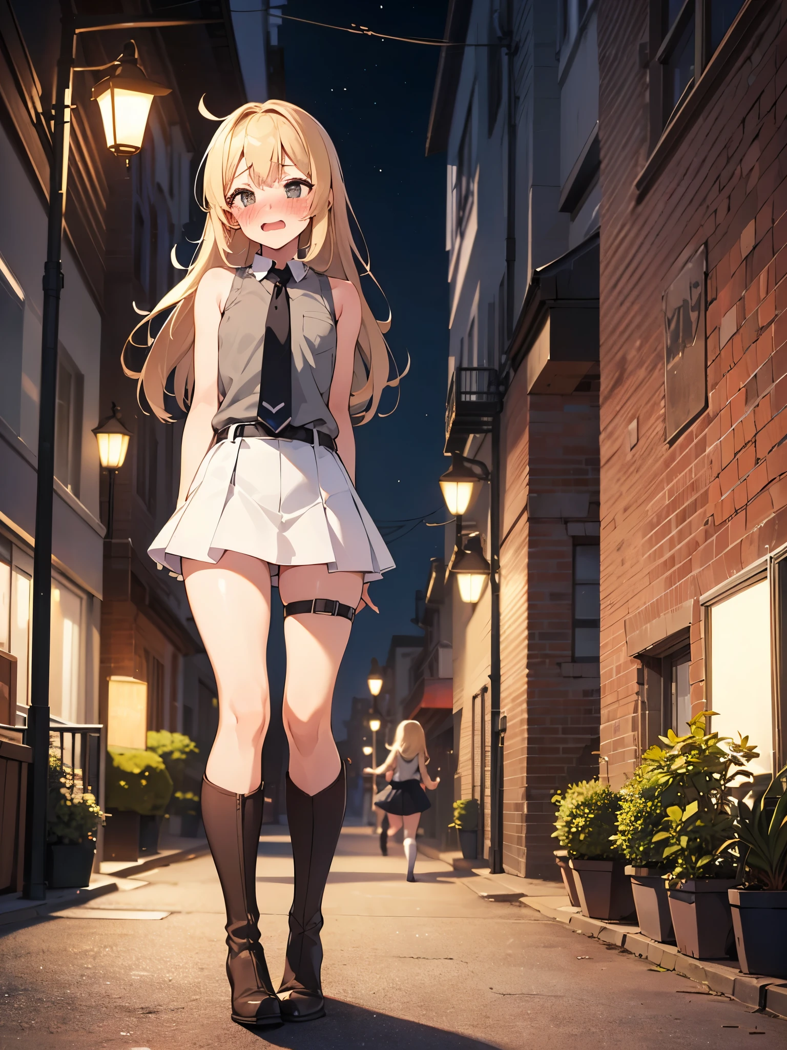 NSFW,(One girl:1.5),Blonde,Very long hair、Messy Hair、Flat Chest,Sleeveless shirt、Grey Shirt、Sleeveless、tie、Arm tattoo、skirt、Thigh-high socks、Thigh-high boots,(Perfect hands),(Perfect Anatomy),(masterpiece),(highest quality),(Embarrassed:1.5),blush,Shy laugh,Downtown at night,Back Alley,Street lamp