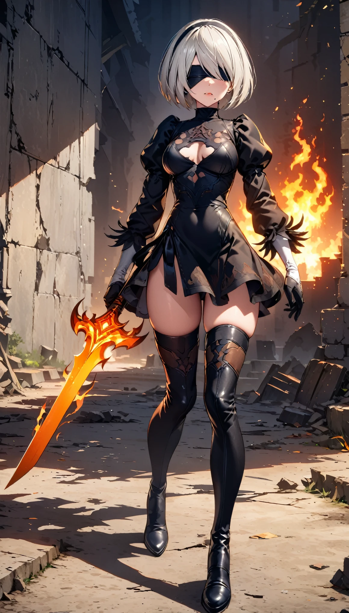 best quality, Best Illustration, Highly detailed CG Unity 8k wallpaper,Dark fantasy setting,Beautiful girl,yorha2b,black blindfold, sexy detailed face, short hair, white hair, black hairband, mole under mouth, Tight combat suit,miniskirt,holding a sword with flames,Cast Shadows,Standing on the ruins,Red and orange palette,otherworldly power,Dynamic Lighting, Depth of Field, The best shadow, stable diffusion model, sparkling