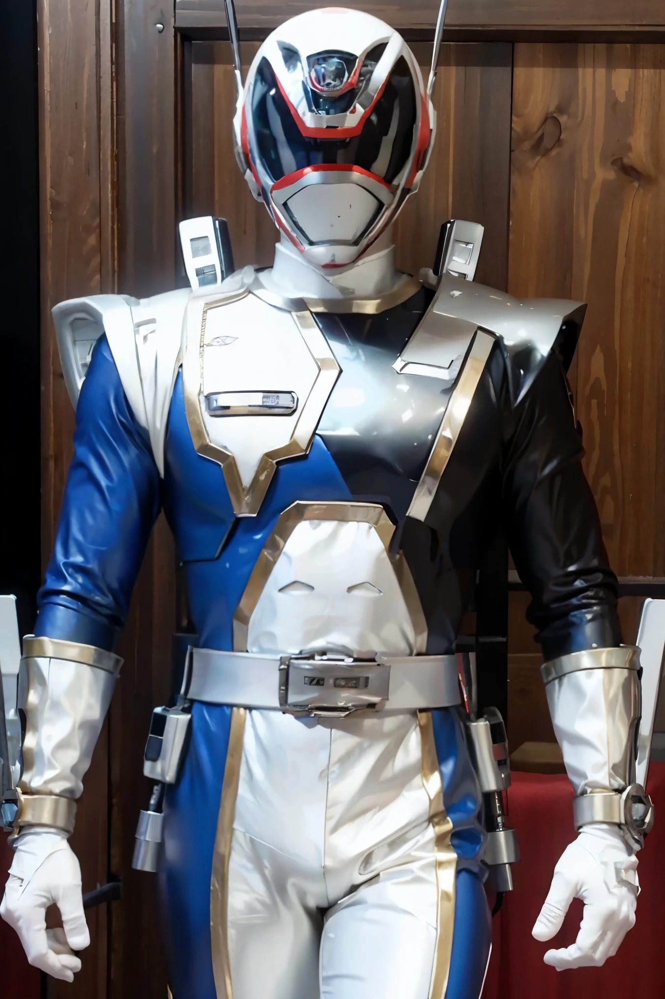 Fantasy background, cafe rpg style, empty chair, table, set of tea glass, (power rangers)), One guy、, ((white ranger suit)), red and blue chest armor with gold details, costume, Solo, ((fit figure)), (Anatomically correct), Cowboy shot, masked face, guns, muscular build
