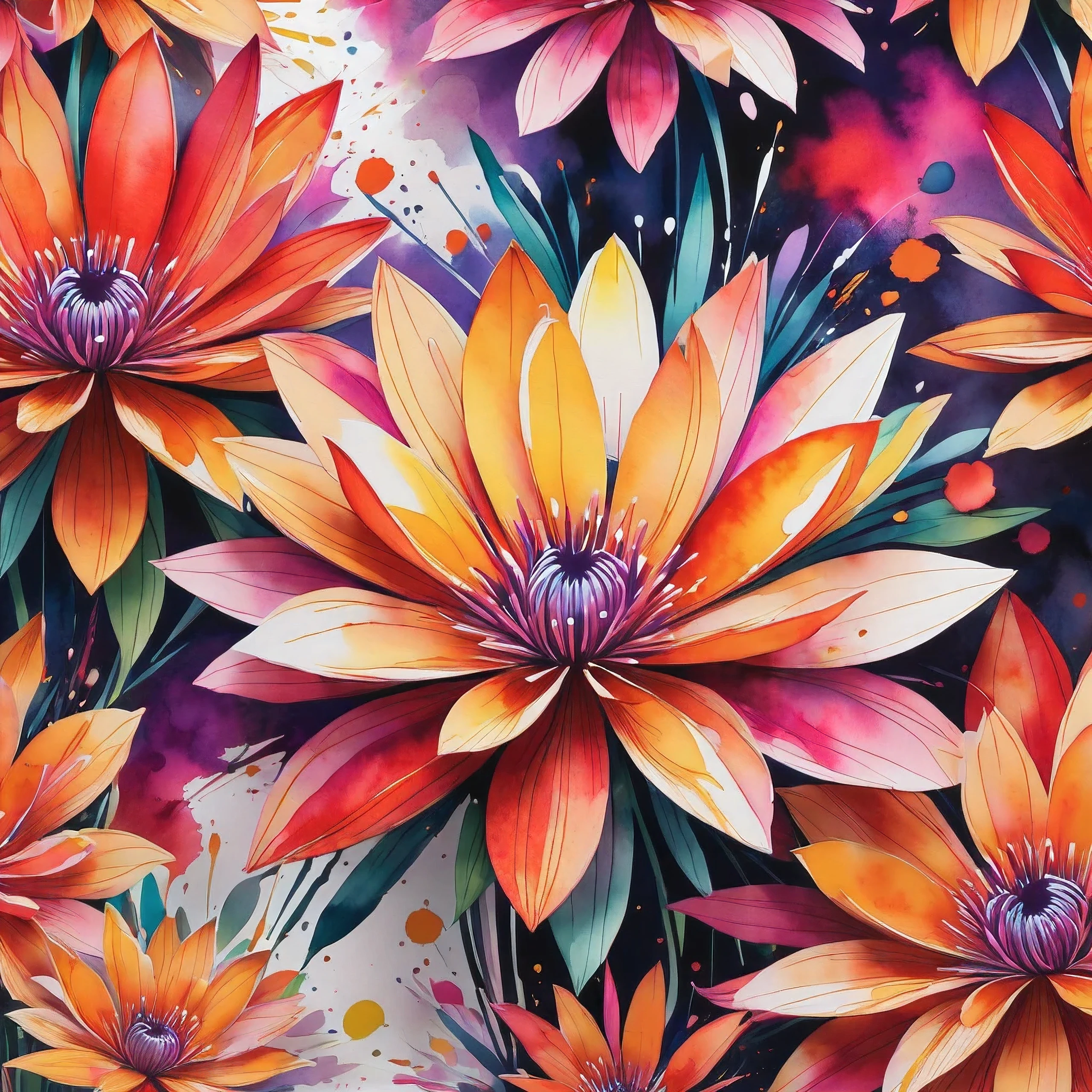 Generate a 3D watercolor abstract illustration that captures the vibrant explosion of blooming flowers in an abstract form. Use bold, saturated colors like fiery reds, oranges, and pinks, mixed with softer pastel shades. The composition should feature dynamic bursts and splatters, with layered petals and organic shapes that seem to pop out of the canvas. The result should be visually striking and ideal for a lively, energetic wallpaper or background