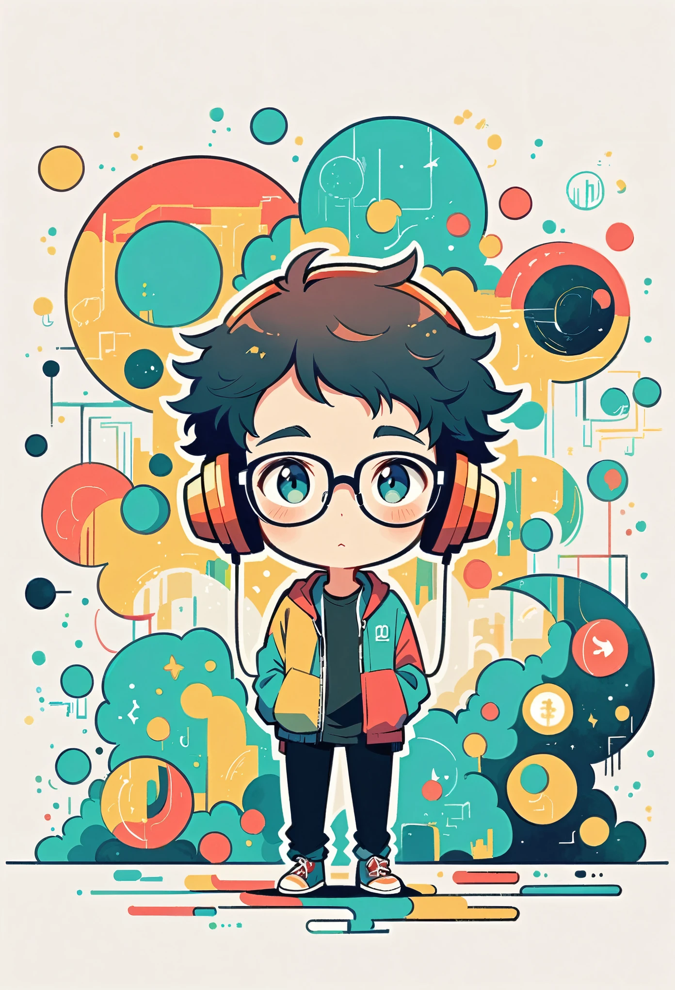 Watase Seizo style, Standing in front of a wall,Simple line initials,Abstract art,Urban background, Wear headphones, Large black-rimmed glasses, (((The most beautiful men))), (((Little)))