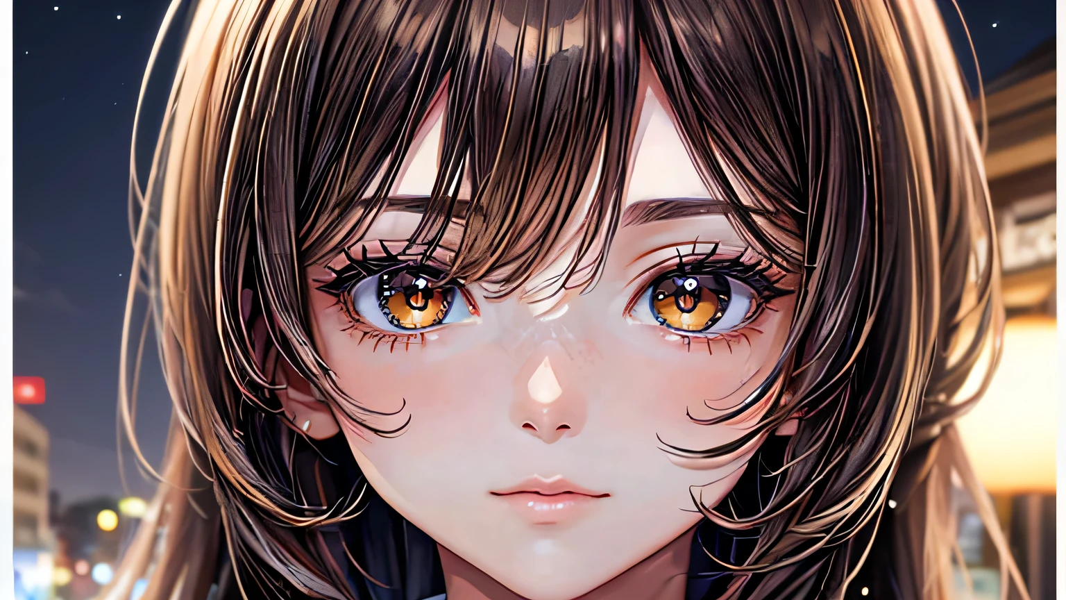 One woman : 1.3, Light brown hair: 1.2, , night: 1.2,night,Night Town: 1.1, Ultra-high resolution, Accurate, Super detailed, Textured skin, High detail, highest quality, 8k,Thin bangs,Upper Body,Well-drawn eyes, Focus on the face,Oversized shirt,Detailed hair depiction,Detailed depiction of eyes、Detailed depiction of hair、Street lamp、