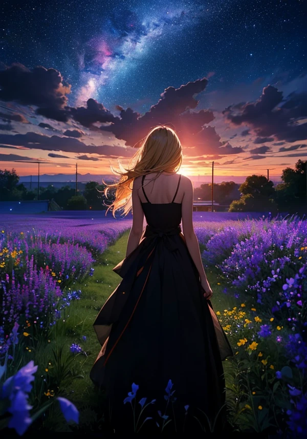 1people々々々々々々々々々々々々,Blonde long-haired woman, camisole,silhouette, Rear View,Space Sky, Flower Field,Colorful flowers