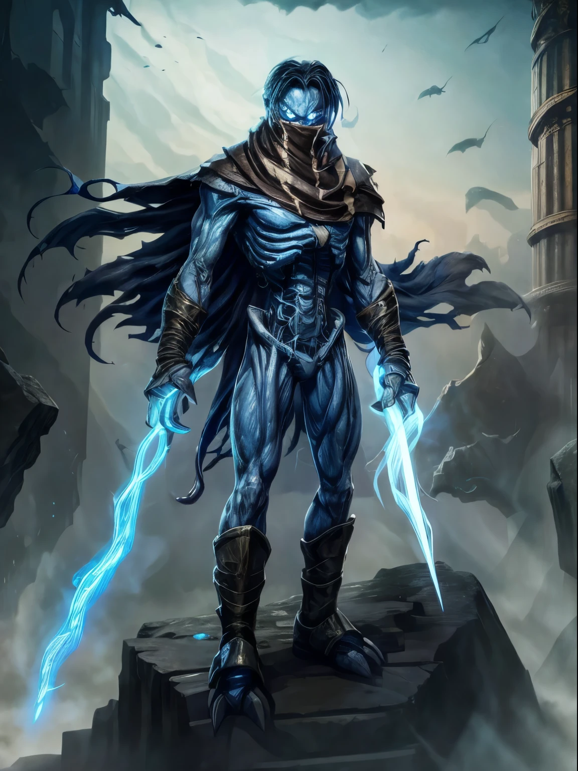 masterpiece, trending on artstation, concept art, man with skin of a light blue shade, wears a brown scarf covering his jaw, white eyes without pupils glowing, three claws instead of fingers, his blue skeleton is visible, torn wings, wields spectral blade, in the background is a ruined city