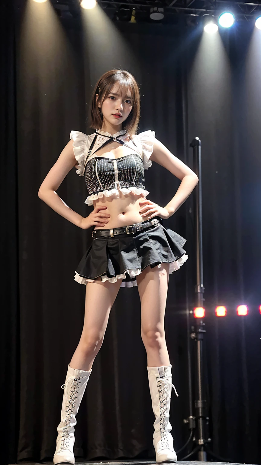 (8k、RAW Photos、highest quality、masterpiece:1.2)、(Realistic、Realistic)、1 girl、((Frilled mini skirt、Large Breasts、Black and white、See-through、belly button、boots、Sleeveless、stage、Spotlight、View from the front、Standing with hands on hips))、