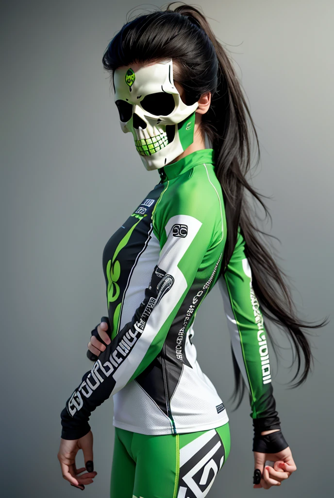 1woman, road cycling speed, long hair, green skull head, cycling suit and short, jersey, helmet, skull face head,
