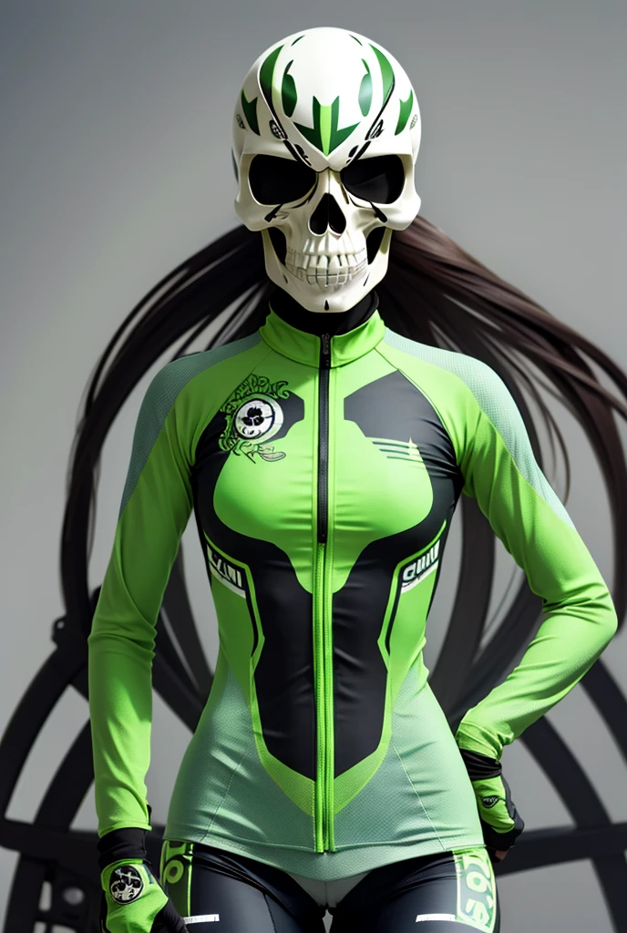 1woman, road cycling speed, long hair, green skull head, cycling suit and short, jersey, helmet, skull face head,