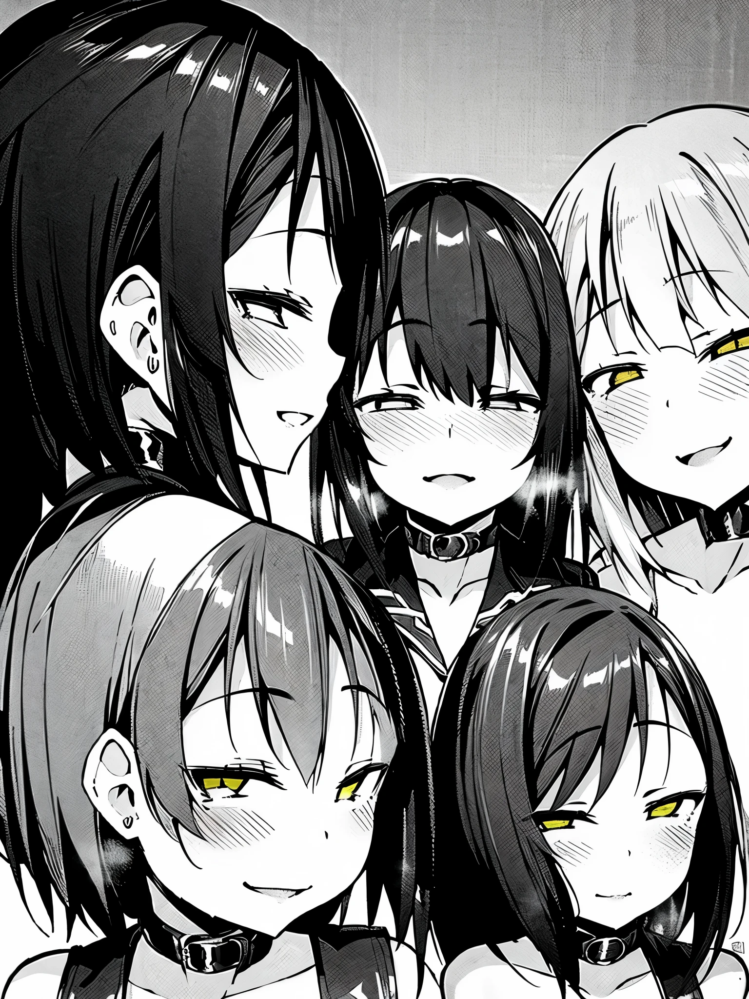 NSFW,(Three Girls:1.5),Long Hair、Hair between the eyes、とてもLong Hair、White Hair、Messy Hair、(Yellow Eyes:1.3),Iron Collar:1.5),(Perfect hands),(Perfect Anatomy),(masterpiece),(highest quality),corruption,Hollow Eyes,Half-closed eyes,Mansion,Luxury Room,chandelier,bedroom