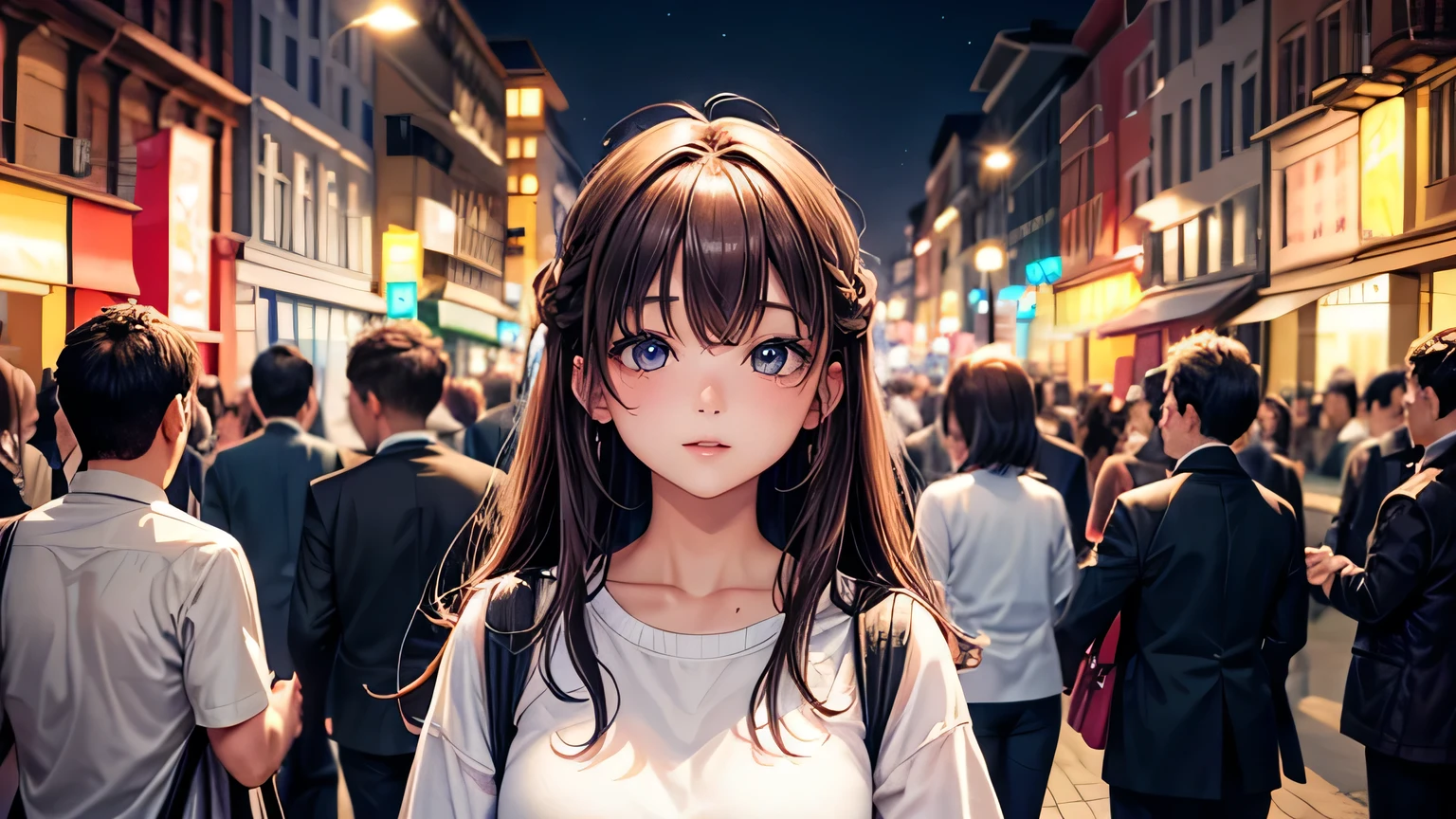 One woman : 1.3, Light brown hair: 1.2, , night: 1.2,night,Night Town: 1.1, Ultra-high resolution, Accurate, Super detailed, Textured skin, High detail, highest quality, 8k,Thin bangs,Upper Body,Well-drawn eyes, Focus on the face,Oversized shirt,Detailed hair depiction,Detailed depiction of eyes、Detailed depiction of hair、Street lamp、crowd