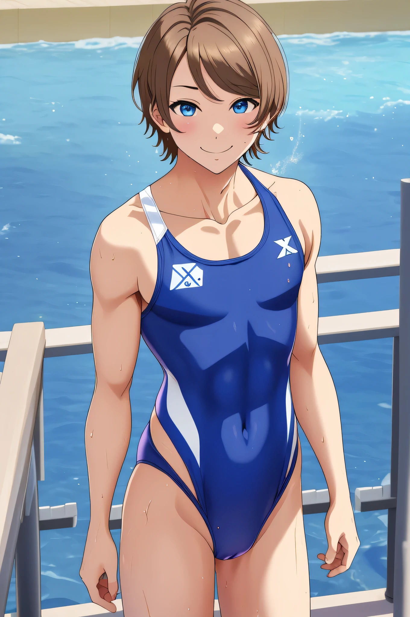 ((masterpiece))、highest quality、High resolution、8k wallpaper、1 male、Anime Male、solo、Watanabe You as a man、Brown Hair、Short Hair、Blue Eyes、Wet、Are standing、looking at viewer、Cowboy Shot、smile、Wearing only a basic dark blue swimsuit、man is a wearing a female competition swimsuit、The swimsuit is a tank top type with no decoration on the shoulders.、crossdressing、The swimsuit is a leotard type with a high cut waist.、Tight swimsuit、(male body:1.3)、The surface of the swimsuit is smooth.