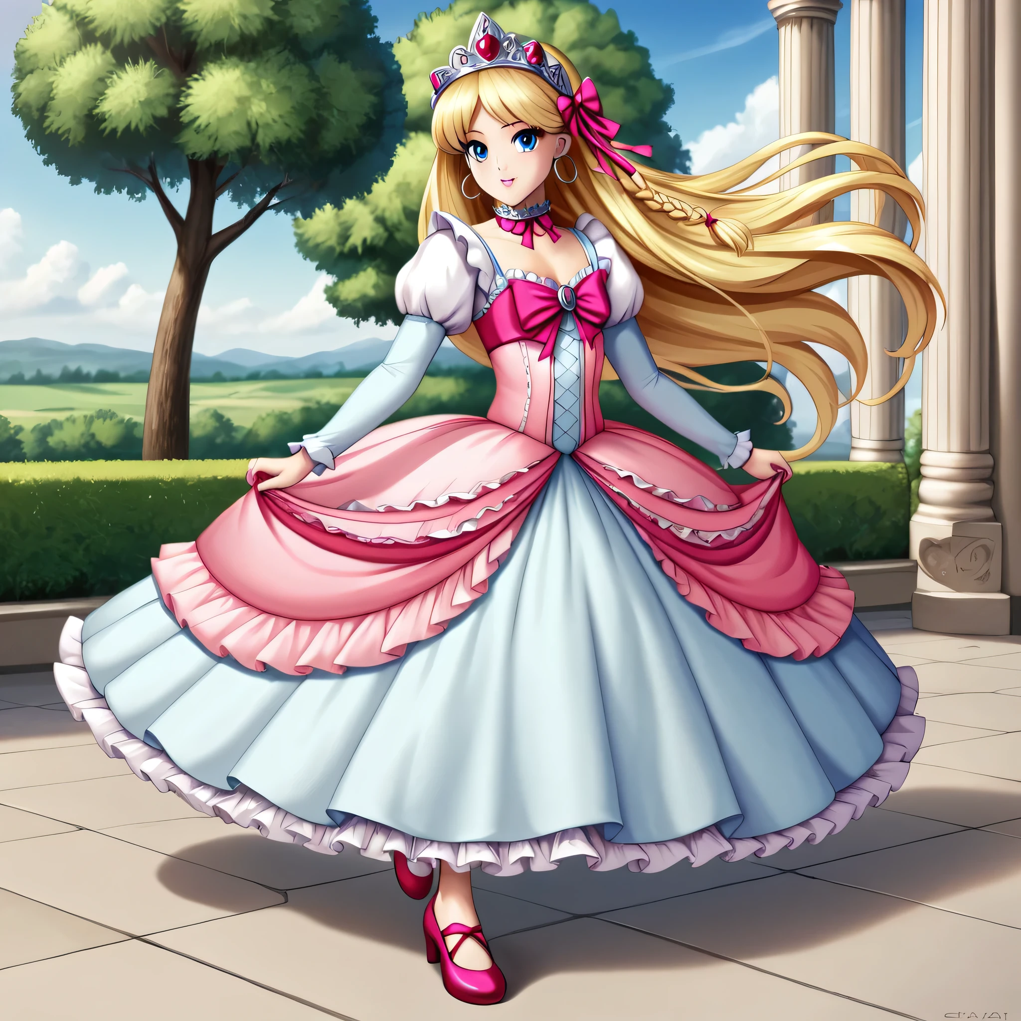 ,highest quality, masterpiece, highest resolution, artwork, 3K realistic photos,,(( girls)),Super detailed baby face,both arees,Full length ball gown dress with hoop skirt,ruffled yoke collar,Detailed braided ribbon on chest,puff sleeves,long sleeve,((Lolita style hot pink detailed princess satin dress、Comes with lots of frills and ribbons。)),shiny silk satin dress,soft and smooth silk satin fabric,luxury,Very long blonde hair,blue eyes,white skin european,pajamas,((Outside the palace)),Princess dancing happily,gorgeous flowing dress,fine white frills and lace,Super long hair that is as tall as your body,the princess is running