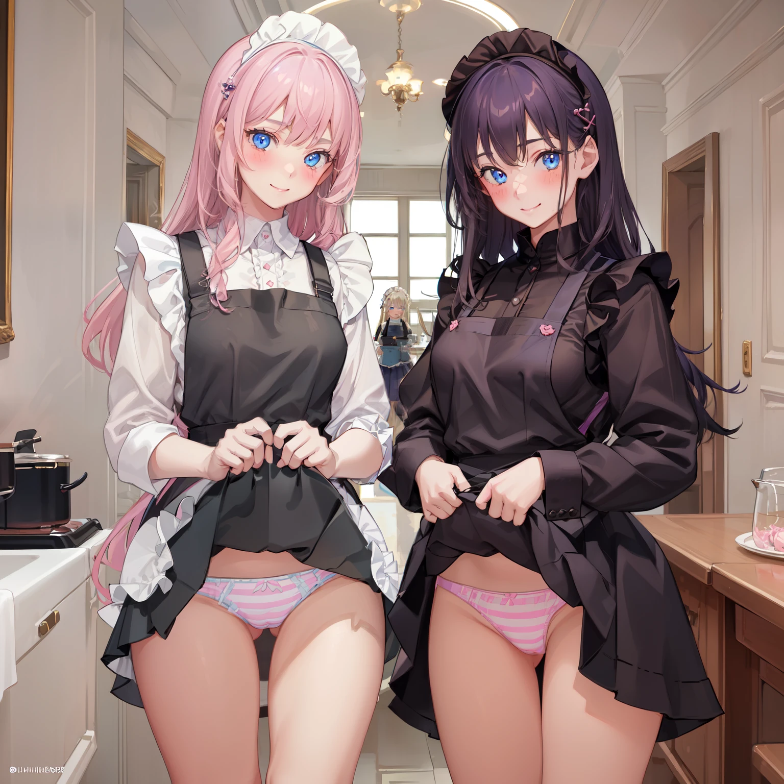 highest quality, masterpiece,((14years old:1.5)), ((2 girls:1.5)), ((smile:1.3)), (blush:1.3), Black Shirt, blouse, ((fun!!)), (Small breasts), Blonde, (Long sleeve), ((White apron:1.5)), ((Maid)), ((hair ornaments)), Kamimei, look at me, ((in house:1.5)), Taking a break from watching the audience, Cowboy Shot, (skirtlift:1.3), (Highly detailed pink striped panties:1.3), (Highly detailed panties:1.3), (skirt that rolls up:1.3), (Panties fully exposed:1.5), Light blue eyes, long hair, Glowing Eyes