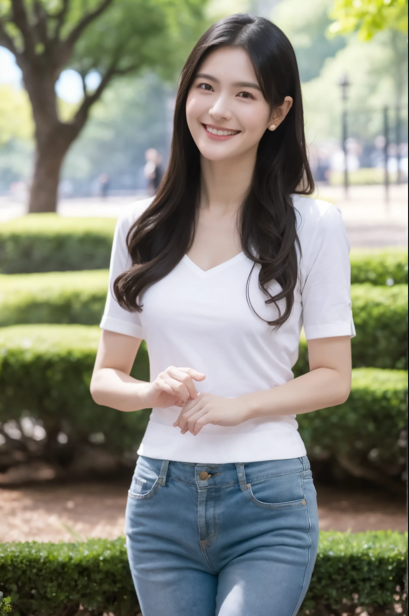 1girl, (wearing a casual clothes:1.6),(RAW photo, best quality), (realistic, photo-realistic:1.4), masterpiece, an extremely delicate and beautiful, extremely detailed, 2k wallpaper, Amazing, finely detail, extremely detailed CG unity 8k wallpaper, ultra-detailed, highres, soft light, beautiful detailed girl, extremely detailed eyes and face, beautiful detailed nose, beautiful detailed eyes,cinematic lighting,(in the park:1.6),perfect anatomy,slender body,(smile:1.4),(young girl:1.4),(close up:0.6),(look at viewer:1.4),(front view:2.0),cinematic angle,(wavy long hair:1.2),standing,(cleavage:1.4),(brown eyes:1.6),
