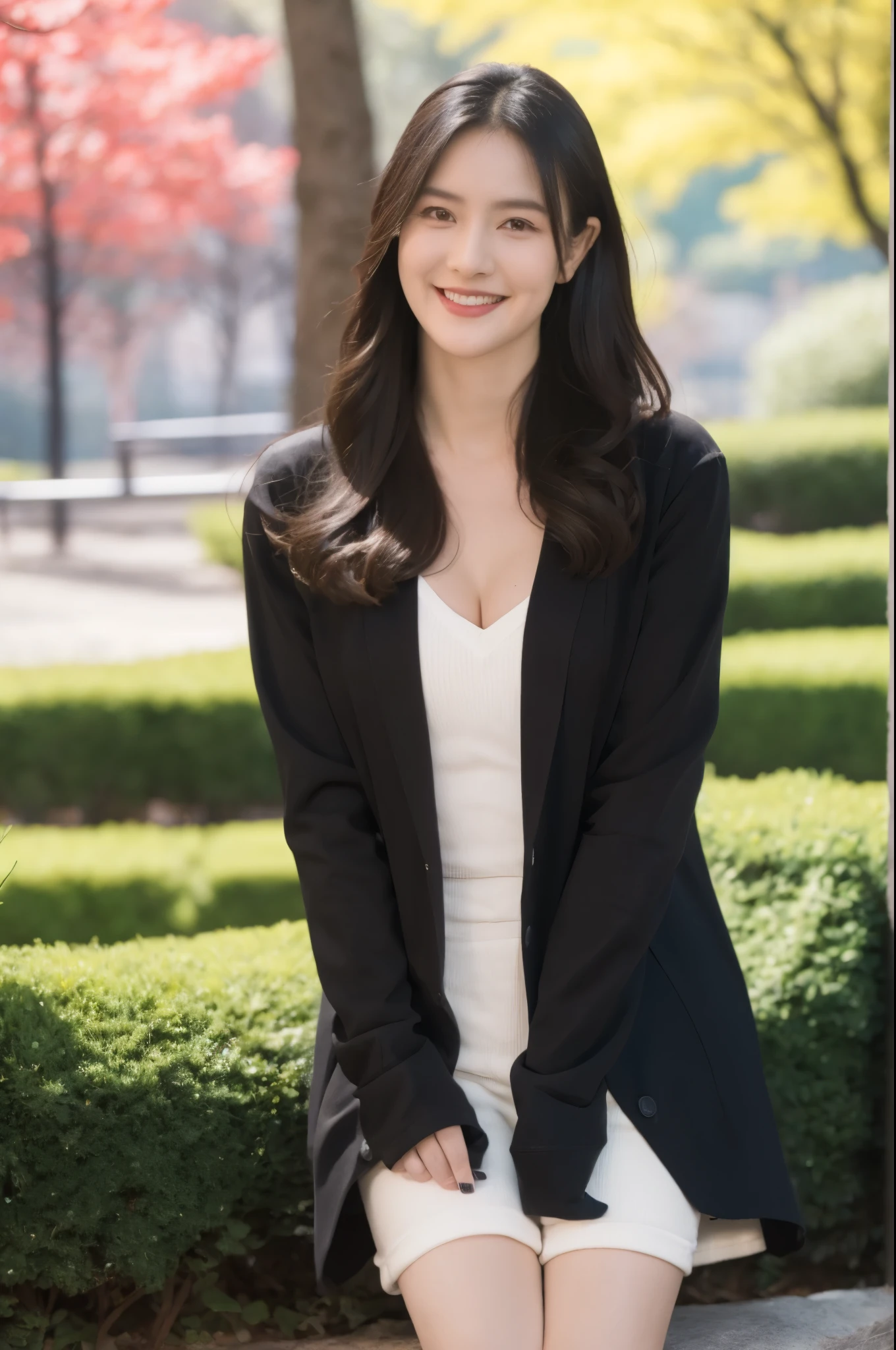 1girl, (wearing a casual clothes:1.6),(RAW photo, best quality), (realistic, photo-realistic:1.4), masterpiece, an extremely delicate and beautiful, extremely detailed, 2k wallpaper, Amazing, finely detail, extremely detailed CG unity 8k wallpaper, ultra-detailed, highres, soft light, beautiful detailed girl, extremely detailed eyes and face, beautiful detailed nose, beautiful detailed eyes,cinematic lighting,(in the park:1.6),perfect anatomy,slender body,(smile:1.4),(young girl:1.4),(close up:0.6),(look at viewer:1.4),(front view:2.0),cinematic angle,(wavy long hair:1.2),standing,(cleavage:1.4),(brown eyes:1.6),  