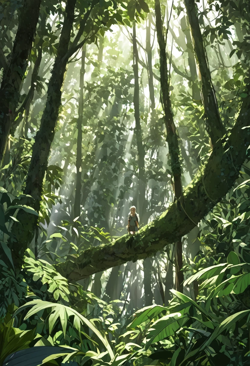 "A young girl is pictured in her natural jungle environment. She wears simple, practical clothing suited to life in the forest. Her hair is loose and disheveled, showing a connection with nature. The girl exudes an expression of determination and confidence, reflecting its adaptation to the wild environment. The lush vegetation around highlights its serene and harmonious presence with the jungle. The light filtered through the treetops creates a play of shadows and lights, adding depth and mystery to the scene."