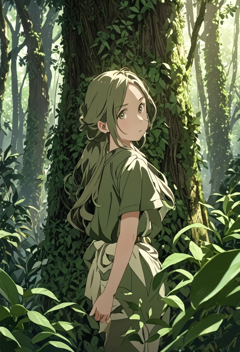 "A young girl is pictured in her natural jungle environment. She wears simple, practical clothing suited to life in the forest. Her hair is loose and disheveled, showing a connection with nature. The girl exudes an expression of determination and confidence, reflecting its adaptation to the wild environment. The lush vegetation around highlights its serene and harmonious presence with the jungle. The light filtered through the treetops creates a play of shadows and lights, adding depth and mystery to the scene."