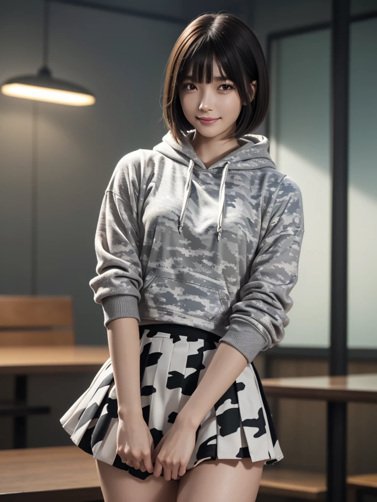 (8k, RAW Photos, highest quality, Tabletop:1.2), (Realistic, Photorealistic:1.4), (Highly detailed 8k wallpaper), Sharp focus, Depth of written boundary, Blur the background, Bokeh, Cinema Lighting, Soft Light, (whole body), 1 girl,18 years old famous Japanese idol, Perfect female body, indoor, (White and grey camouflage hoodie and black micro mini pleated skirt : 1.3), (Long, slender legs), (smile), Glossy lips, Beautiful fine details,Natural Makeup, Shiny and smooth light brown short bob hair, Asymmetrical bangs, Shiny skin, Center image, High resolution, Attention to detail, Detailed hairstyle, Detailed face, 素晴らしいCinema Lighting, Octane Rendering, Vibrant, Ultra-realistic, Perfect limbs, Perfect Anatomy