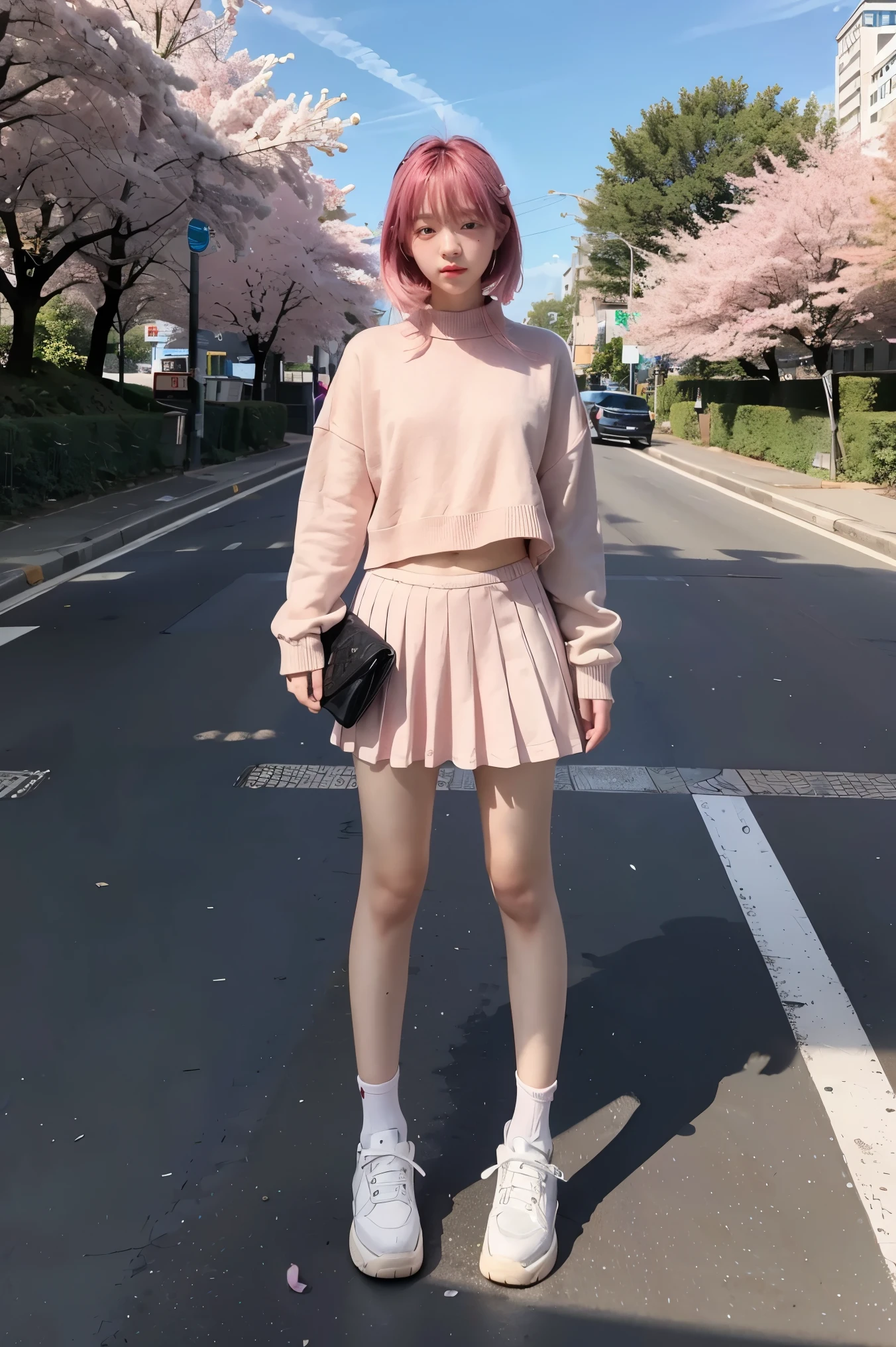 masterpiece, best quality, ultra-detailed, illustration, wide angle, 1girl stand in the middle of road, solo, road in the middle and pink cherry trees on roadside, full body, 20 yo, pink hair, sweater, short skirt, fashion,, composition, balance, harmony, rhythm, color, light, shadow, reflection, refraction, tone, contrast, foreground, middle ground, background, naturalistic, figurative, representational.