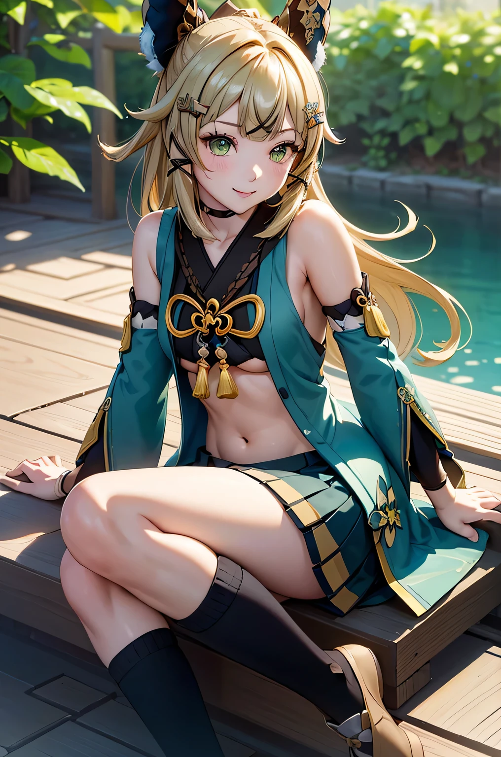 ((kiraradef)):1.5,((masterpiece,highest quality,Highly detailed images,Beautiful images、Realistic、Photorealistic、2.5D))(kirara images,Japanese garden、Ornamental pond、Fun pose、Bright natural light throughout、Backlight、A fantastic atmosphere、Dust flutters)1.3,(Close-up image of kirara)、(medium breasts、underboob or sideboob, Exposing shoulders、Exposing your belly):1.2(smile)1.1(Remodeling Kimono、Separate top and bottom、Knee-high socks、Absolute area)
