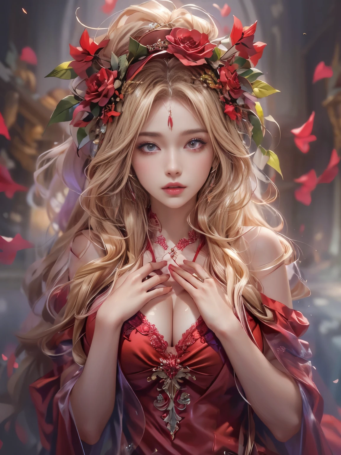 Ultra-high resolution, highest quality, photograph, 4K, (Realistic:1.4), Girl with a wreath on her head, Long Blonde Hair, Big firm Breasts, hard nipples, Sexy, Sharp Eyes, Break, dynamic sexy poses, sweat, wearing (red:1.2) see-through long frilly dress, lace long cape, jewelries, cleavage is exposed, Add light purple and purple, Add Light Red, Intricate details, Splash screen, 