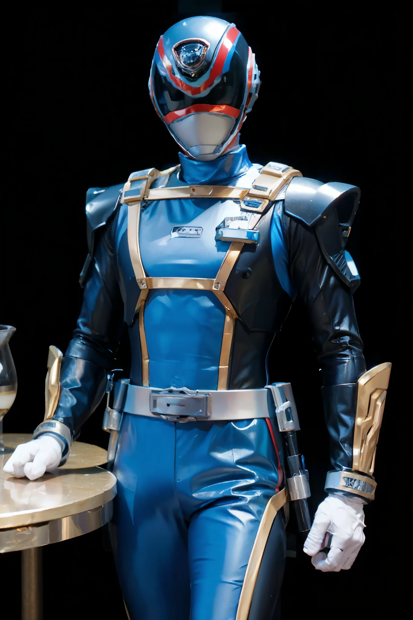 Fantasy background, cafe rpg style, empty chair, table, set of tea glass, (power rangers)), One guy、, ((black ranger suit)), red and blue chest armor with gold details, costume, Solo, ((fit figure)), (Anatomically correct), Cowboy shot, masked face, guns, muscular build