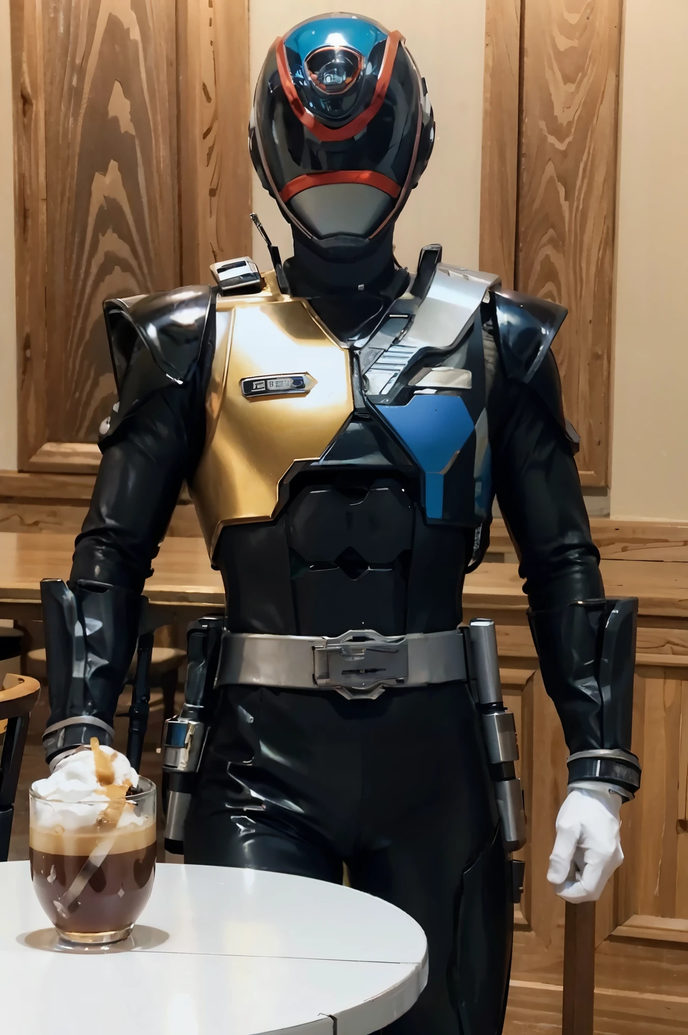 Fantasy background, cafe rpg style, empty chair, table, set of tea glass, (power rangers)), One guy、, ((black ranger suit)), red and blue chest armor with gold details, costume, Solo, ((fit figure)), (Anatomically correct), Cowboy shot, masked face, guns, muscular build