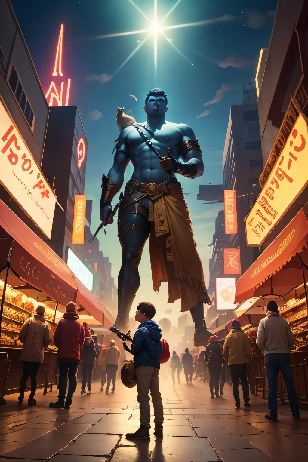 A boy and a capybara in the central square of a magical metropolis, spotting a giant statue of themselves. on the statue, the boy has the dagger of light in his hand. also put people around.