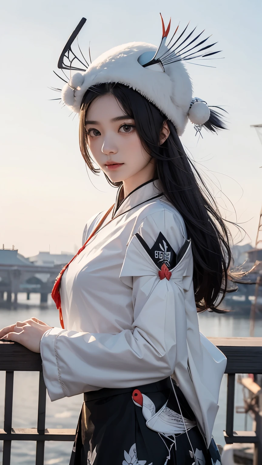 Chinese female college students,Fairy Costume,Crane accessories,((Crane hat:1.5)),A flock of cranes is flying in the sky in the background,Black and white floral skirt,((best quality)), ((masterpiece)), (detailed)