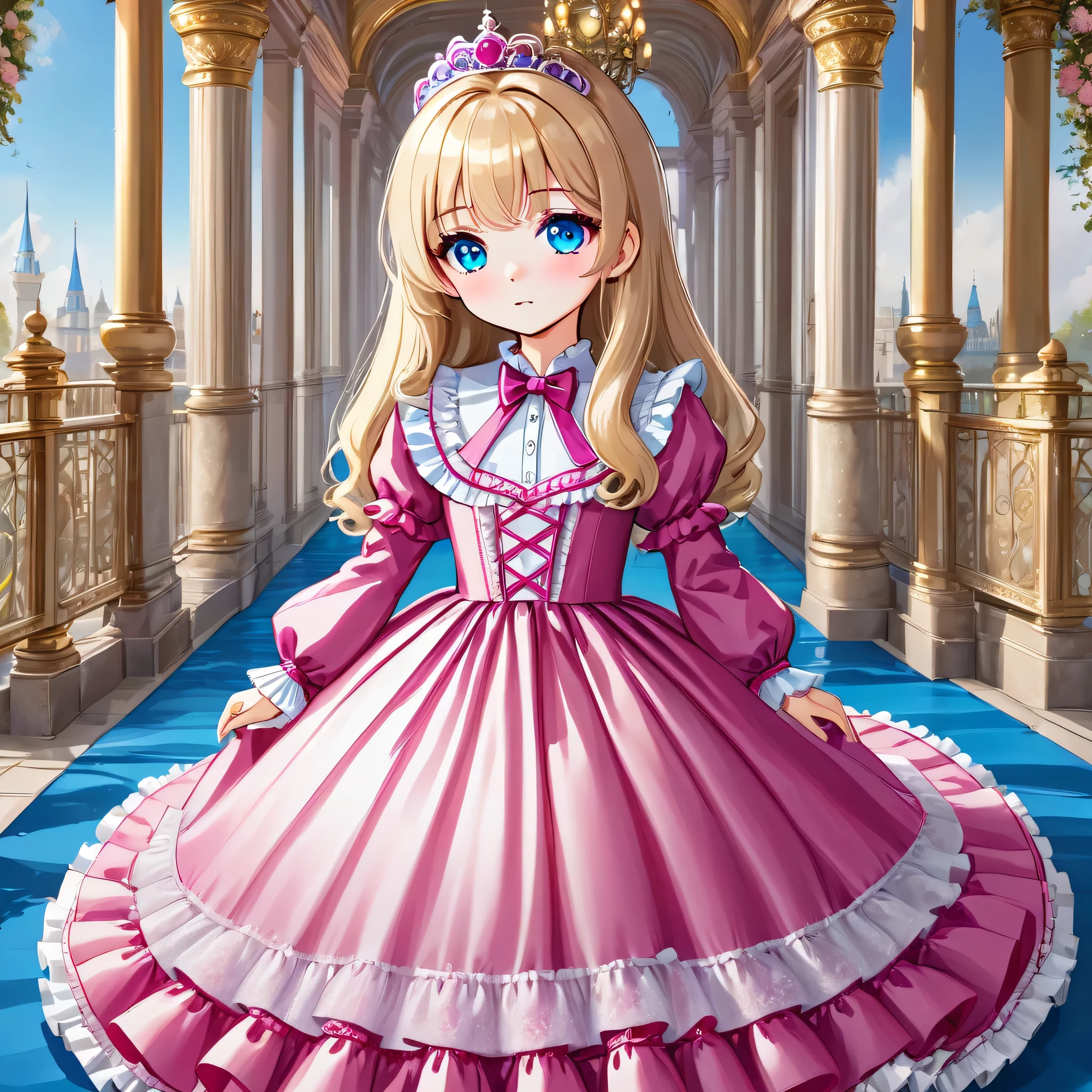 ,highest quality, masterpiece, highest resolution, artwork, 3K realistic photos,,((10 year old little girls)),Super detailed baby face,both are princesses,Full length ball gown dress with hoop skirt,ruffled yoke collar,Detailed braided ribbon on chest,puff sleeves,long sleeve,((Lolita style hot pink detailed princess satin dress、Comes with lots of frills and ribbons。)),shiny silk satin dress,soft and smooth silk satin fabric,luxury,Very long blonde hair,blue eyes,white skin european,pajamas,((Outside the palace)),Princess dancing happily,gorgeous flowing dress,fine white frills and lace,Super long hair that is as tall as your body,the princess is running