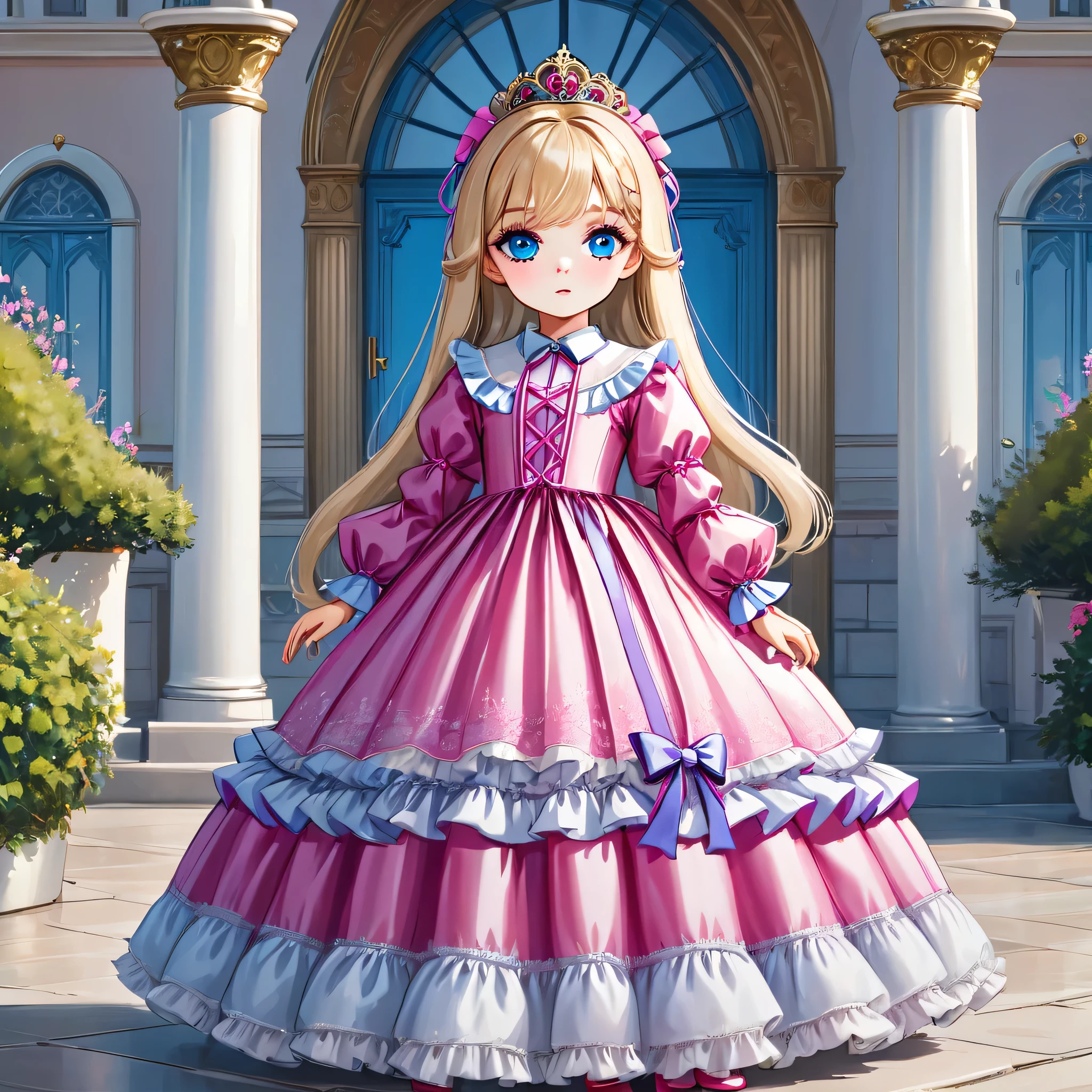 ,highest quality, masterpiece, highest resolution, artwork, 3K realistic photos,,((10 year old little girls)),Super detailed baby face,both are princesses,Full length ball gown dress with hoop skirt,ruffled yoke collar,Detailed braided ribbon on chest,puff sleeves,long sleeve,((Lolita style hot pink detailed princess satin dress、Comes with lots of frills and ribbons。)),shiny silk satin dress,soft and smooth silk satin fabric,luxury,Very long blonde hair,blue eyes,white skin european,pajamas,((Outside the palace)),Princess dancing happily,gorgeous flowing dress,fine white frills and lace,Super long hair that is as tall as your body,the princess is running