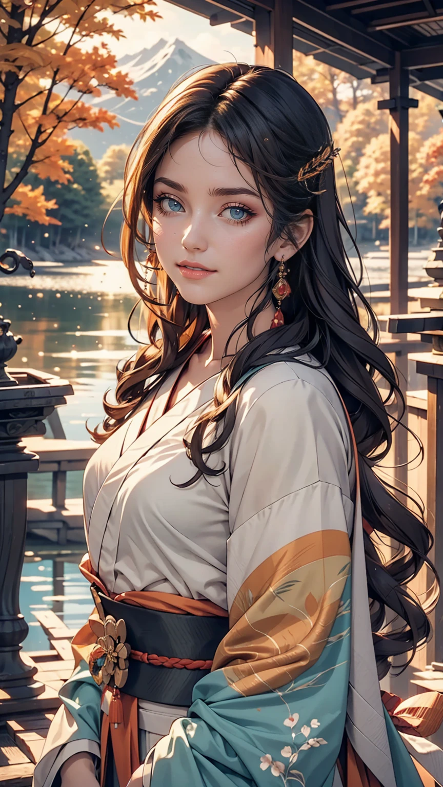 Autumnal Forest、lake、24 year old Japanese woman、trekking、smile