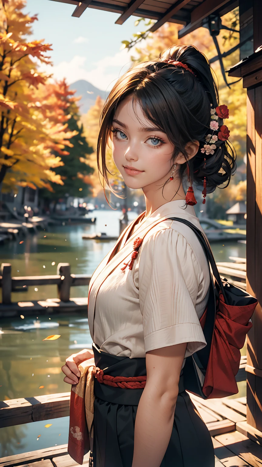 Autumnal Forest、lake、24 year old Japanese woman、trekking、smile