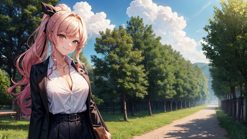 1girl, full body, solo, summer, village, trees, sun, clouds, ((colorful hair)), long hair, curly hair, ponytail, large breasts, ((black blazer)), button down shirt, ((white shirt)), ((short sleeved shirt)), ((unbuttoned shirt)), unbuttoning buttons, brown eyes, skirt, smile, looking at the viewer, standing, hair ribbon, golden necklate