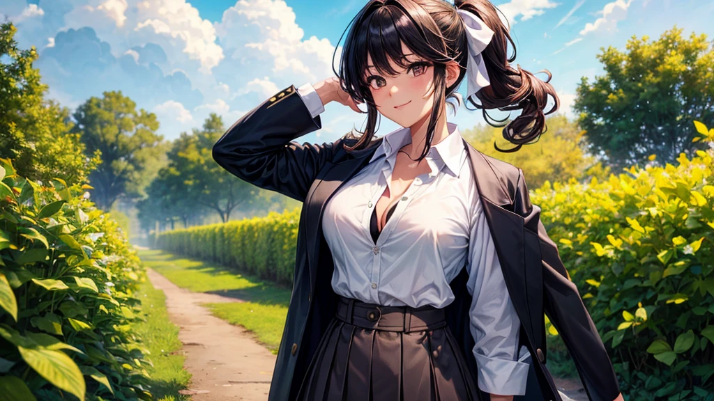 1girl, full body, solo, summer, village, trees, sun, clouds, ((colorful hair)), long hair, curly hair, ponytail, large breasts, ((black blazer)), button down shirt, ((white shirt)), ((short sleeved shirt)), ((unbuttoned shirt)), unbuttoning buttons, brown eyes, skirt, smile, looking at the viewer, standing, hair ribbon, golden necklate
