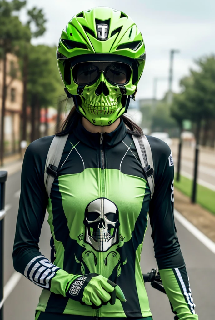 1woman, road cycling speed, long hair, green skull head, cycling suit and short, jersey, helmet, skull face head,