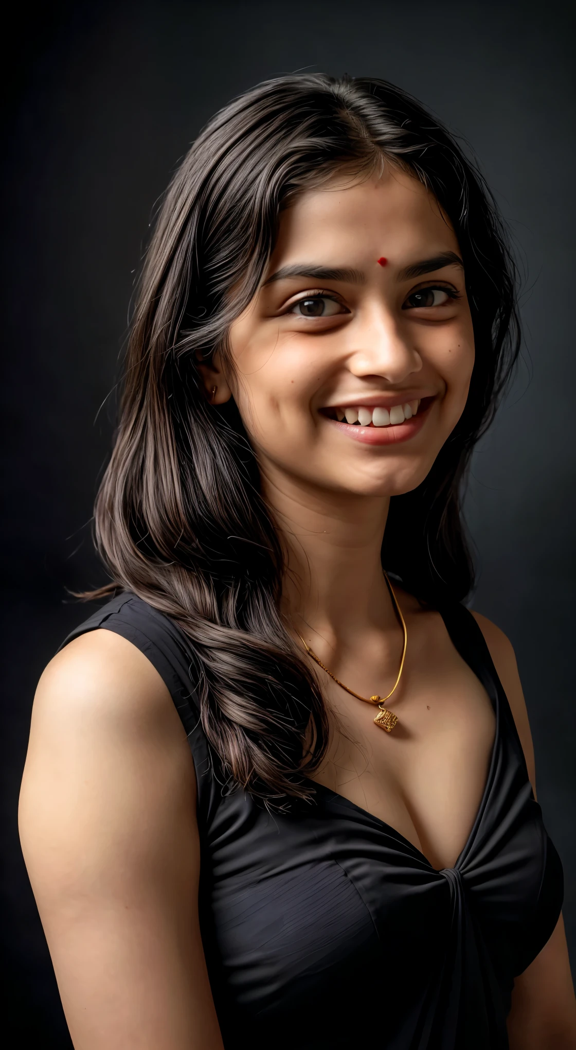 (delhi, girl), 10 year old girl, editorial photograph of a 11 year old girl), (highly detailed face:1.4),((laughing:1.1)),, 33mm lens,((only saree:1) (background inside dark, moody, private study:1.3) POV, by lee jeffries, nikon d850, film stock photograph ,4 kodak portra 400 ,camera f1.6 lens ,rich colors, hyper realistic lifelike texture, dramatic lighting , cinestill 800, wavy hair, Beautiful hair, Long  hair, mischievous , black Hair, smile, A line Hairstyle, (Shoulder lenth hair), , yellowish eyes , bright brownish eyes, , Pombagira, wearing a Indian morden black blouse and transparent saree , sleevless saree, white skin,  , wide angle view, Incomplete details, Shot with Leica, analogue, ((Chest visible from neckline:1.3)), (