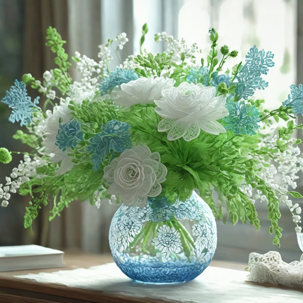 Blue, green and white laceで出来た花, Beautiful lace flowers, Lace flowers decorating the room, indoor, Beautiful glass vase, Blue, green and white lace, Very delicate lace, best quality:1.2, 4k, 8K, Very detailed, High Detail, masterpiece:1.2,
