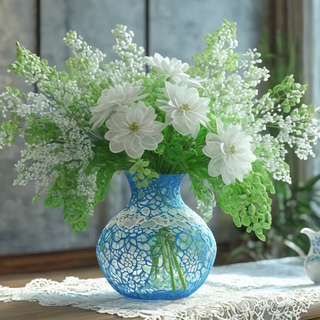Blue, green and white laceで出来た花, Beautiful lace flowers, Lace flowers decorating the room, indoor, Beautiful glass vase, Blue, green and white lace, Very delicate lace, best quality:1.2, 4k, 8K, Very detailed, High Detail, masterpiece:1.2,