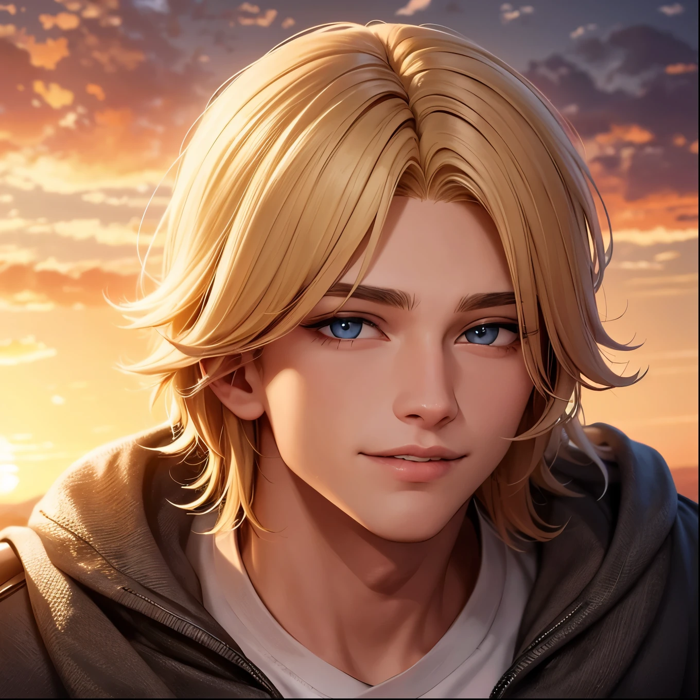 Blond man 18 years old with gray eyes Looks with a warm smile into the distance Middle Ages close-up sunset background high quality masterpiece dramatic lighting, perfect face, face profile 