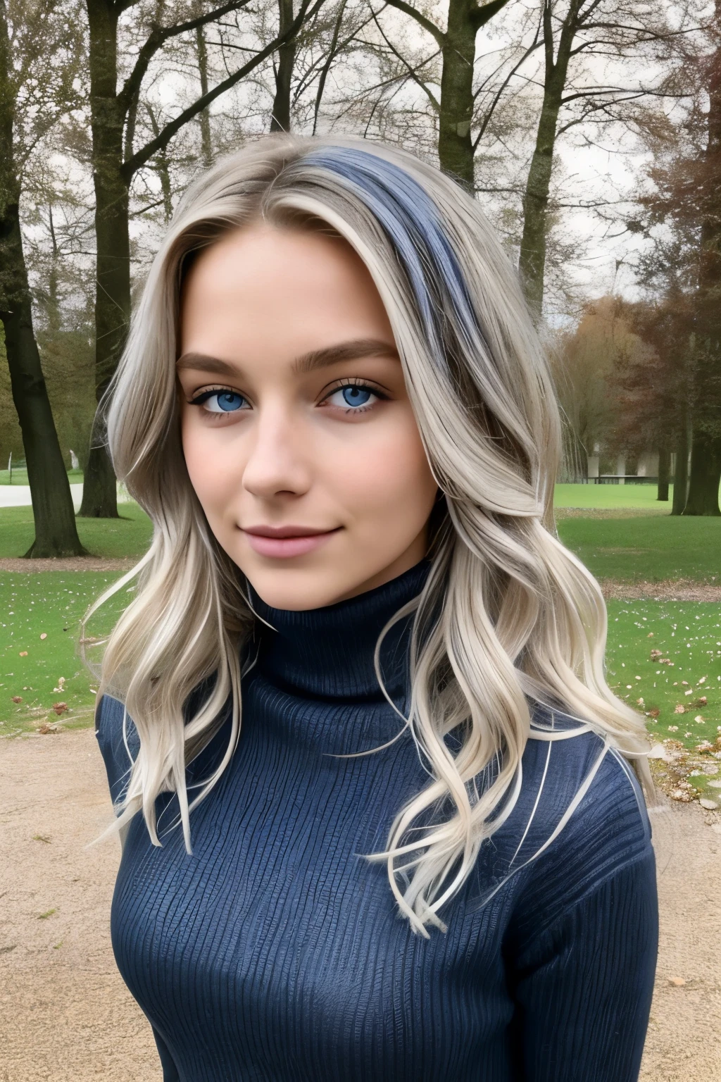 1 fille dans, 19 ans, Seulement, long wavy blonde hair, cheveux en désordre soufflés par le vent, cheveux blond, (dark blue eyes), Colossal , photo de tout le corps, en maillot de bain (Textured skin, pores de la peau:1.1), peau imparfaite, chair de poule, dans un parc de la ville, Banc en pierre, Fontaine, ((veste en cuir marron:1.2)), (grey turtleneck), (dark blue jeans), (fond d'extremely detailed 8K display), soft lighting, High quality, Grains de films, Mise au point nette du Fujifilm XT3, f2.6, 135mm, high detail, Sharpness,(natural light), (attractive), Realistic, ultra realistic, Realistic photo, crazy details, Intricate details, super detailed