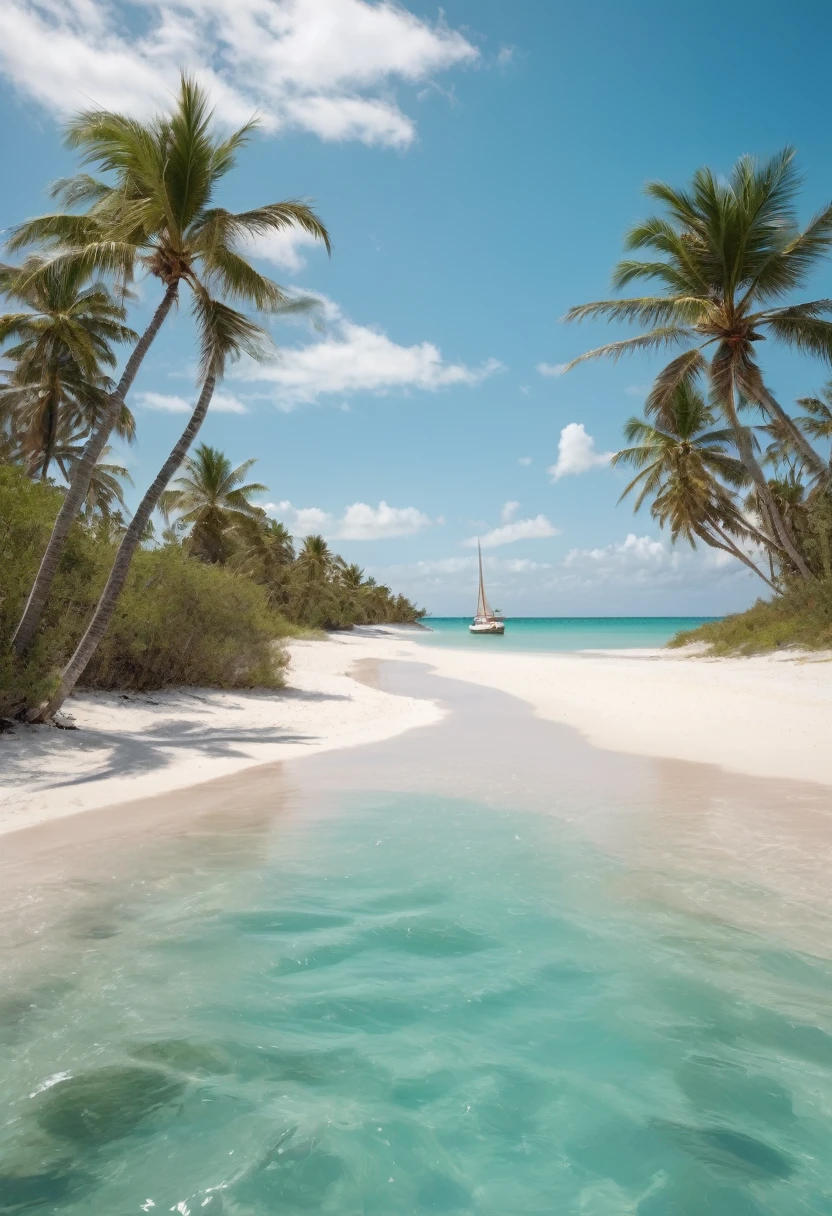 Describe a paradisiacal beach with fine white sand, crystal clear waters in turquoise tones, and palm trees swaying gently in the wind. The sky is clear with few clouds, e o sol brilha intensamente. Some shells are scattered across the sand, e as ondas suaves quebram gentilmente na costa. No horizonte, you see a small sailing boat.
Do not include: pessoas, lixo, Constructions, mau tempo, pollution, animais, vegetation out of context, escombros, Sexual content, watermarks, baixa qualidade, disfigurements.