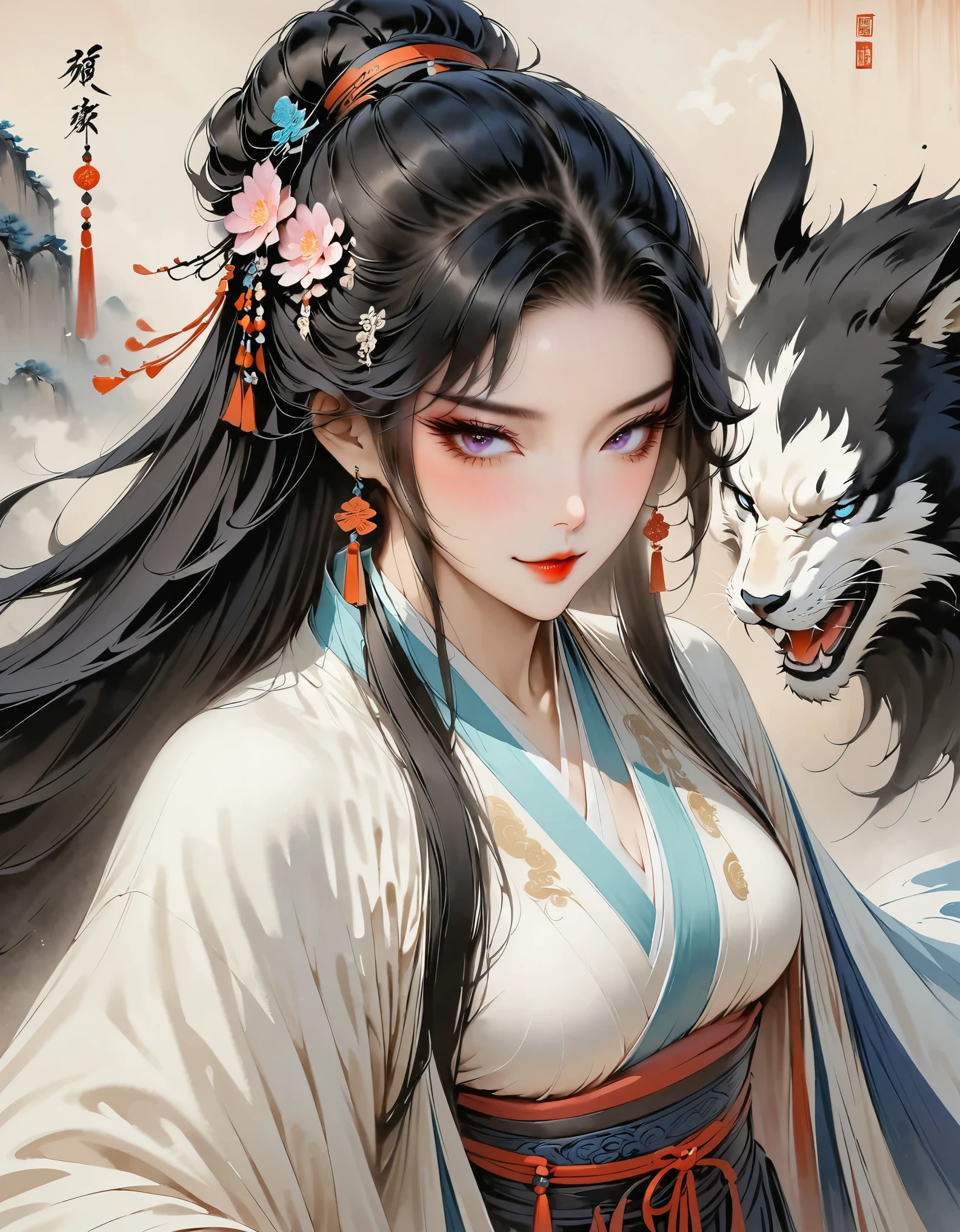 (masterpiece, best quality:1.3), 1girl, Hanfu, （Dress conservatively：1.5）, Delicate and beautiful face, Mature, noble, steady, Smile, Black hair, Purple Eyes, Cold eyes, Hairpin, The Beast, flow, (Ink stains) beautiful figure painting, Clothing ink style, traditional Chinese painting, Chinese elements, Ink Bismuth, from above, masterpiece, high details