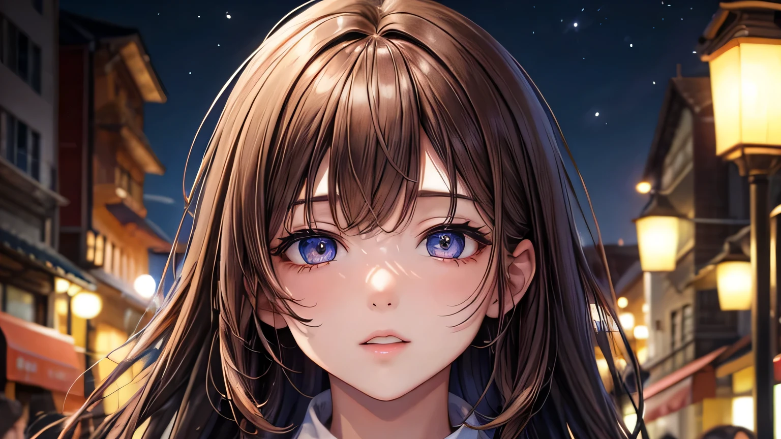 One woman : 1.3, Light brown hair: 1.2, , night: 1.2,night,Night Town: 1.1, Ultra-high resolution, Accurate, Super detailed, Textured skin, High detail, highest quality, 8k,Thin bangs,Upper Body,Well-drawn eyes, Focus on the face,Oversized shirt,Detailed hair depiction,Detailed depiction of eyes、Detailed depiction of hair、Street lamp、Night Town