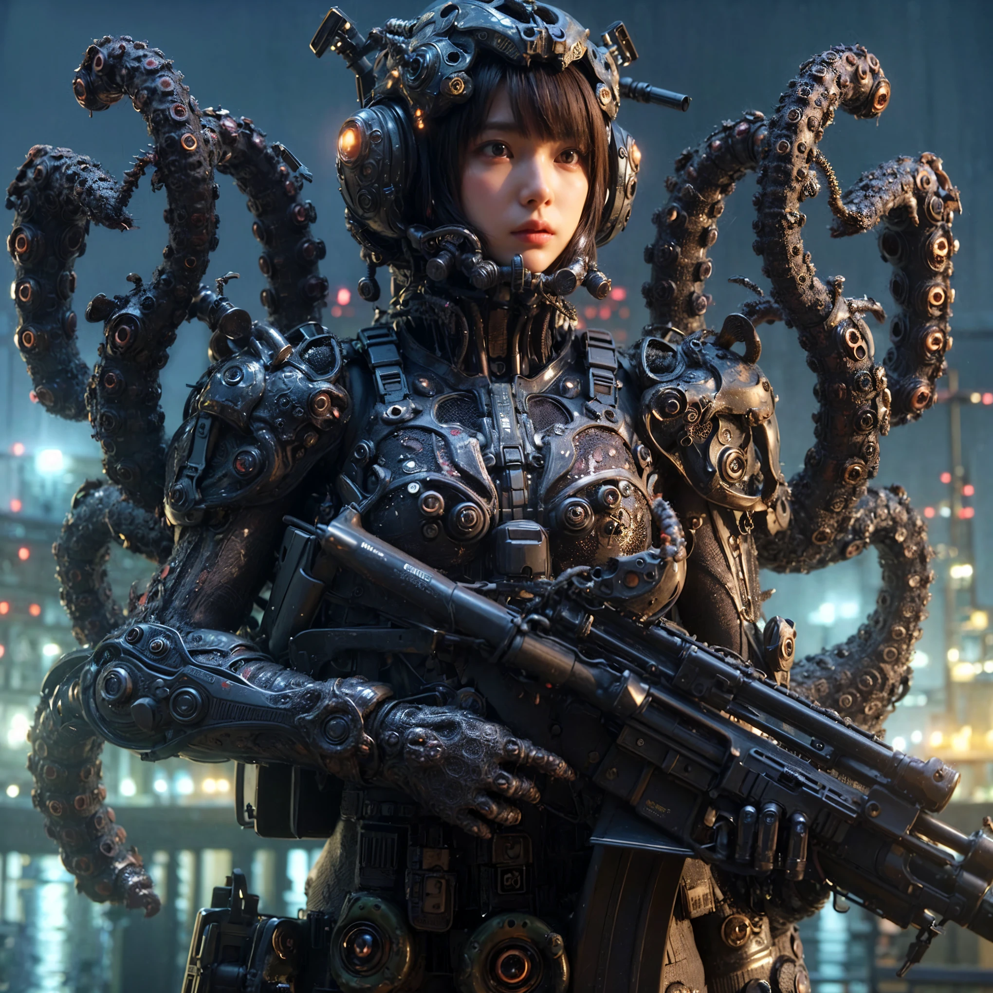 masterpiece、highest quality、(Extremely intricate details)、(Extremely realistic texture)、glossy Texture、A Octopus-like bio-insect suit designed by Hajime Katoki、1 person、Ultra-realistic photos of beautiful female soldiers、Night view of the bayside industrial area、battle、Please generate at least 4 copies.
