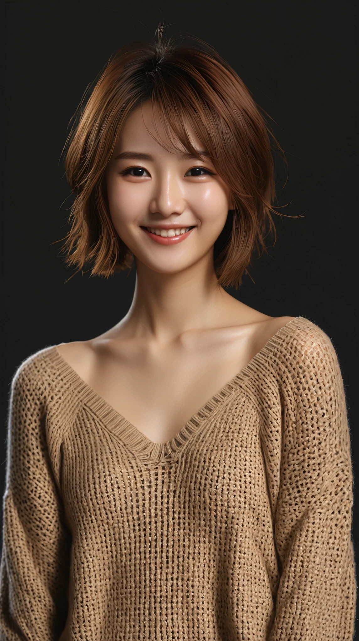 (tmasterpiece:1.3), (8K, Photorealsitic, RAW photography, Top image quality: 1.4), Japan high school girls、(random hair style:1.2)、nedium breasts:1.2、Super detail face、Eye of detail、double eyelid、Bring your chest together、sharp focus:1.2、Beautiful woman:1.4、Light brown hair、top-quality、tmasterpiece、超A high resolution、(Photorealsitic:1.4)、Highly detailed and professionally illuminated smile、Loose and lightweight knitwear、shoulders out、Slender、serious face expression、short detailed hair、Fatal position